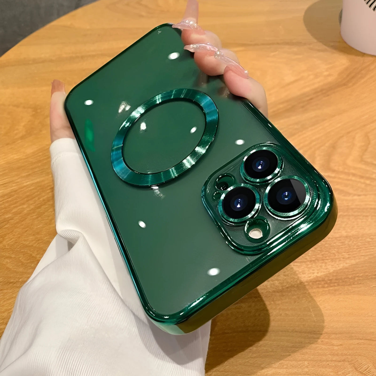 Electroplated TPU MagSafe phone case for iPhone in Desert Gold, silver, black, pink, far peak blue, dark purple, dark blue, or cangling Green.