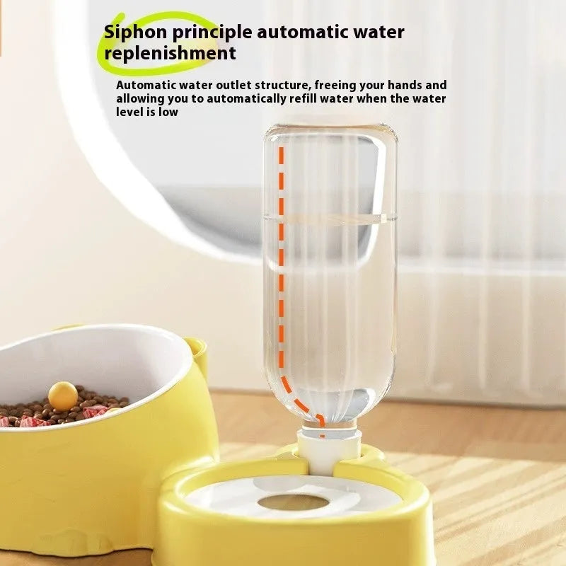 Haze blue plastic automatic pet waterer and food bowl with two compartments and a large water reservoir at the back.