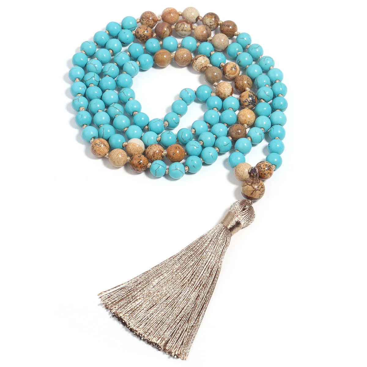 108 Mala necklace with blue pine painted turquoise beads on spherical beaded chain