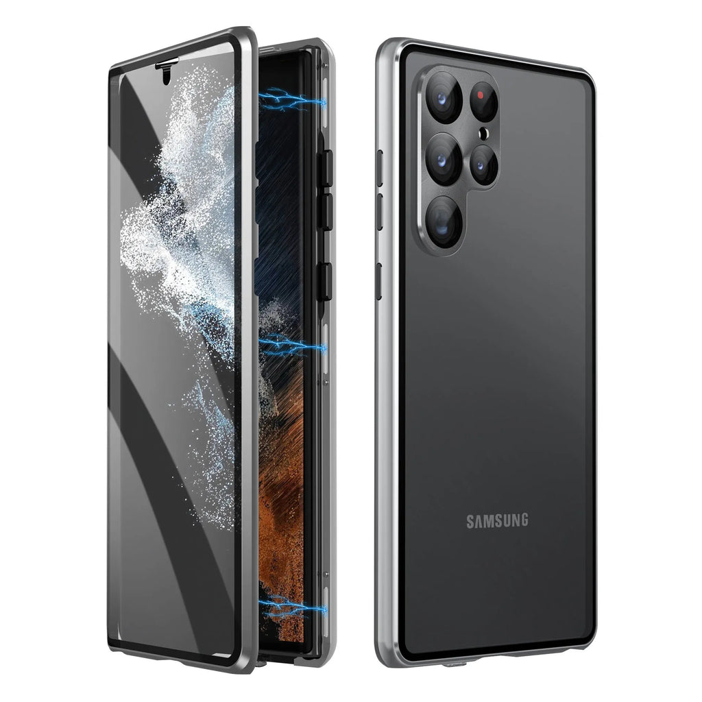 Black metal Samsung phone case with a mirrored front and a visible circular magnetic ring on the back.