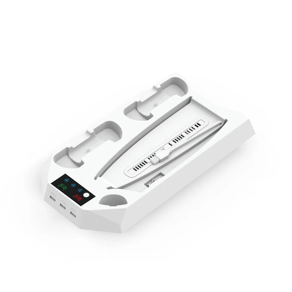 White PS5 charging base and radiator stand holding console, controllers, remote, and headset