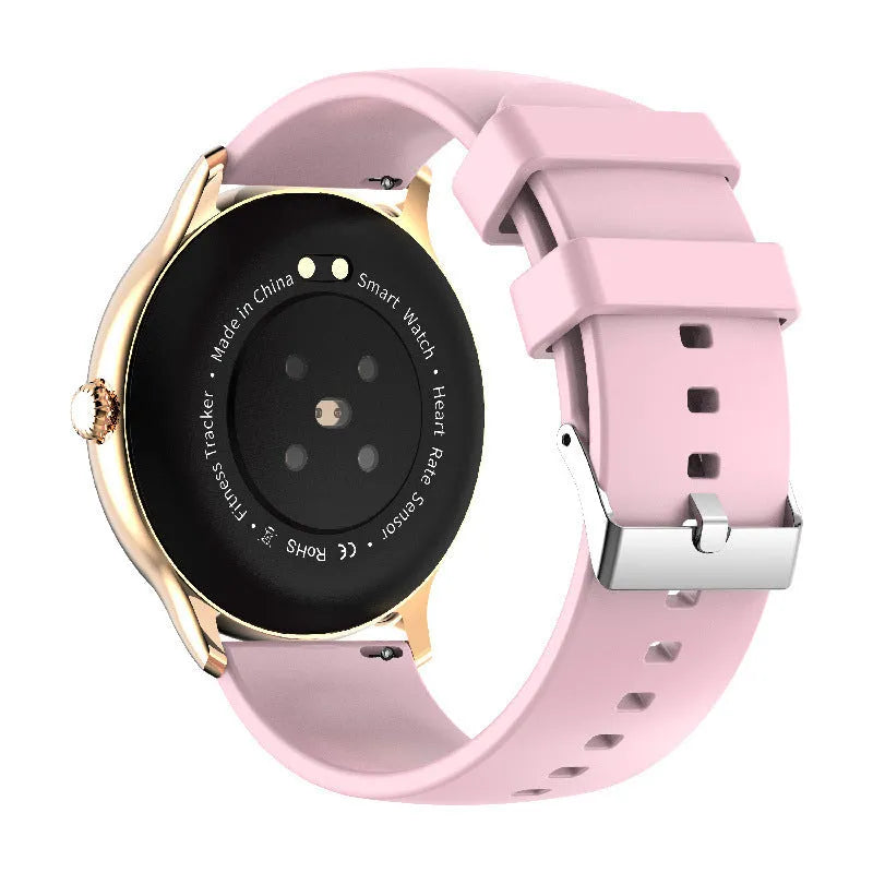 Black Bluetooth sports watch with blood pressure monitoring on a silicone strap, showing its 1.28-inch screen.
