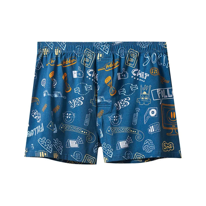 Men's cotton boxer shorts showing pattern options including Beast Carnival, floral, and space travel designs