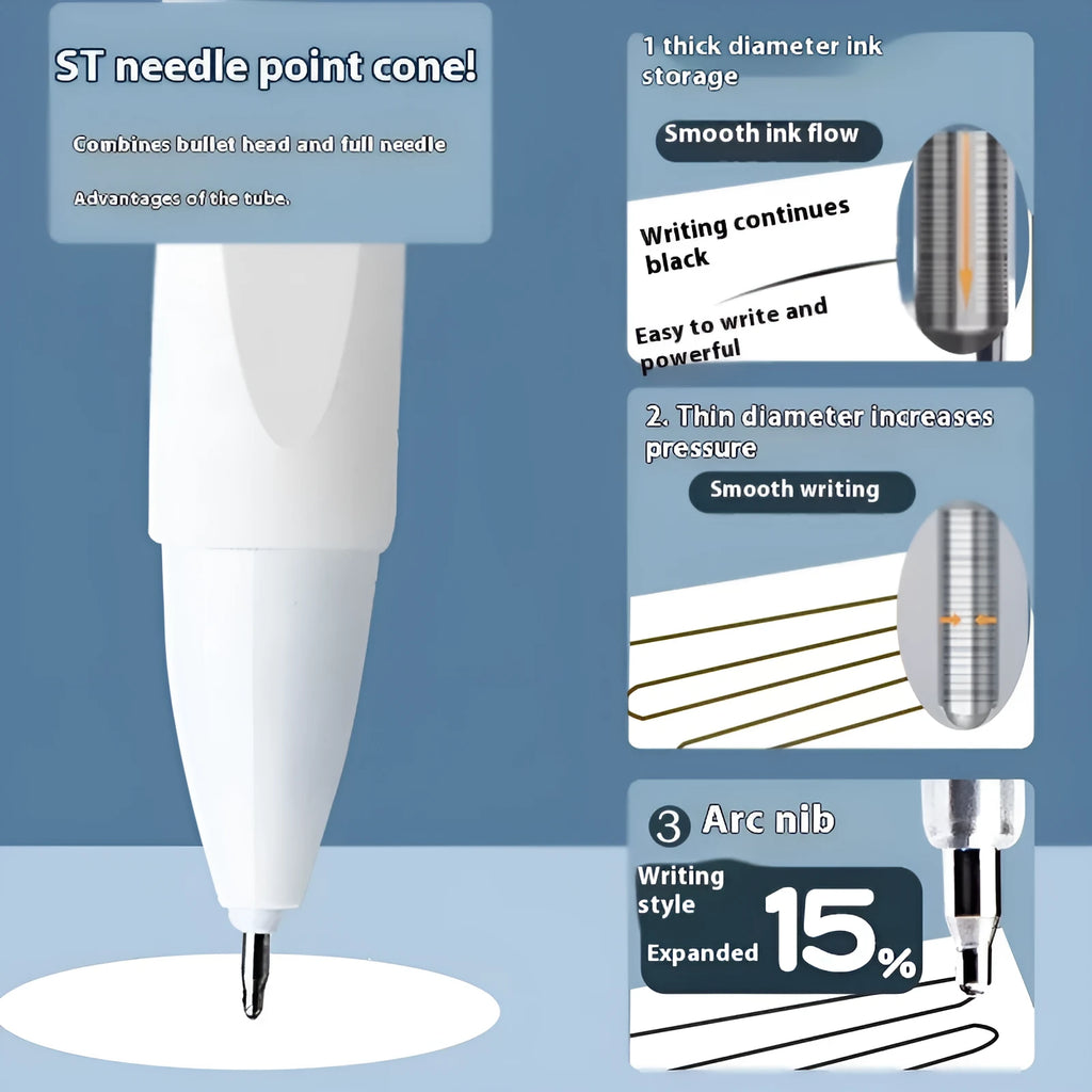 Four quick-drying pen refill cartridges in black, red, blue, and ink blue, showing 500m writing length.