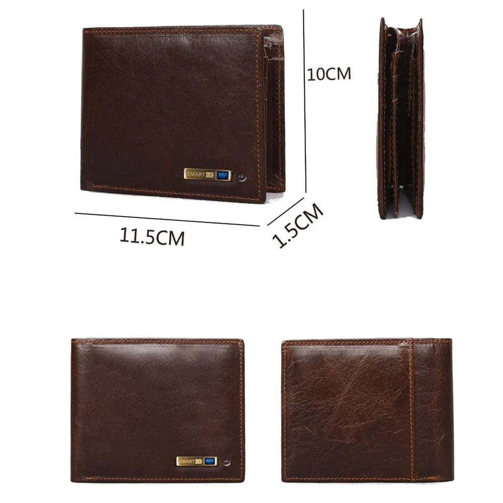 Men's smart leather wallet in brown with multiple card slots and built-in Bluetooth tracker