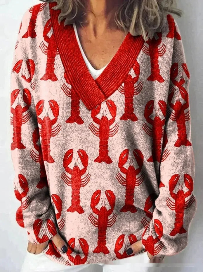 Women's V-neck sweatshirt with 3D floral pattern print in polyester fabric