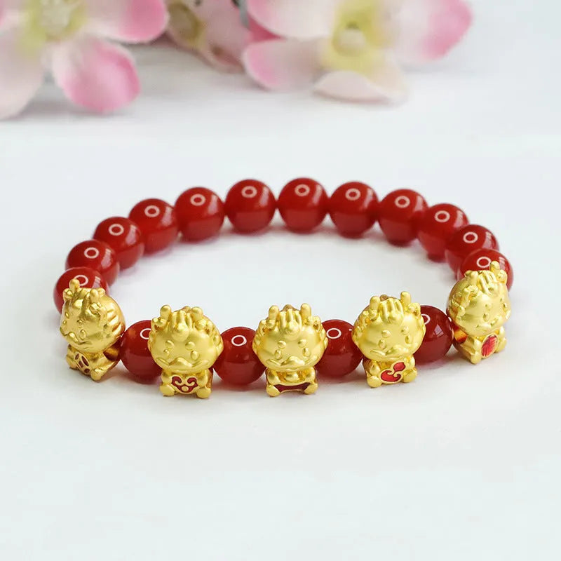 Natural red agate Five Blessing Dragon bracelet with 8mm beads, Chinese style spiritual accessory