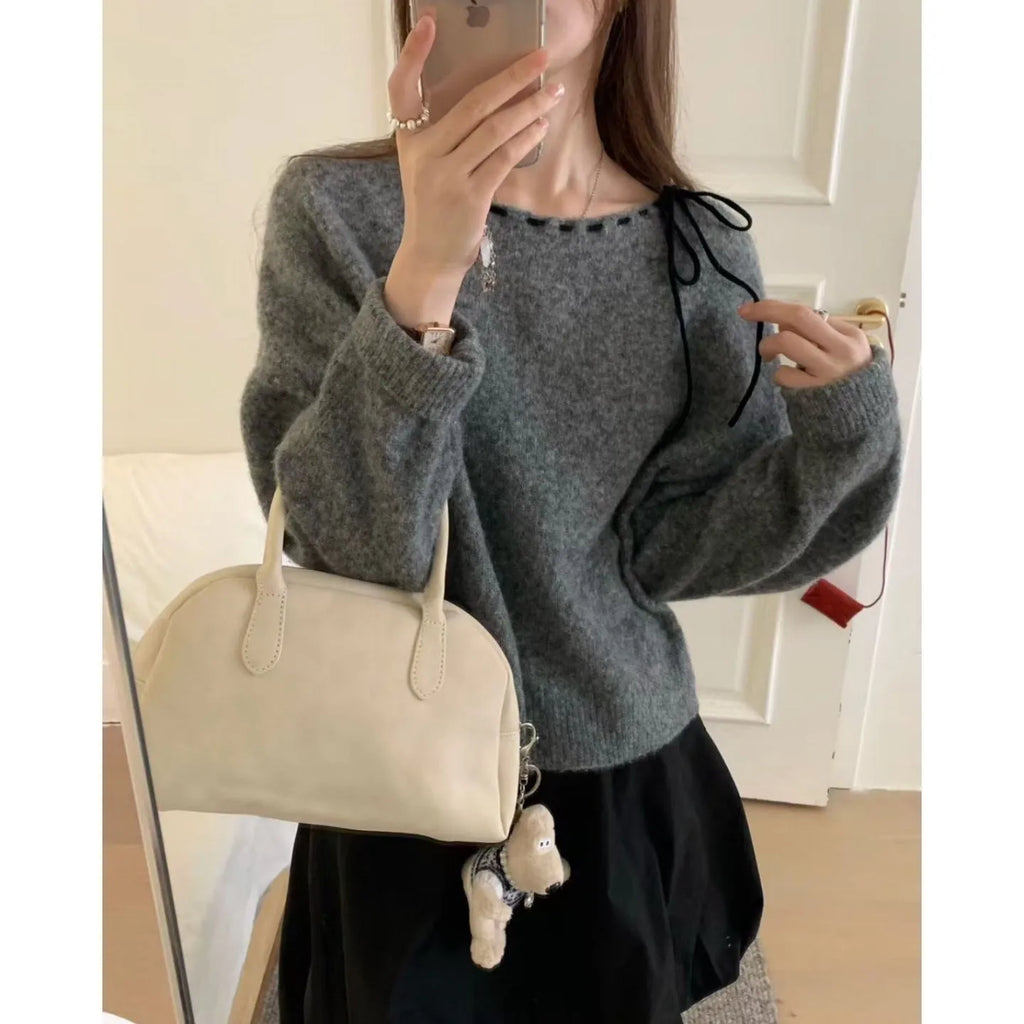 Grey and black loose-fitting women's pullover knitwear made from regenerated cellulose fibre