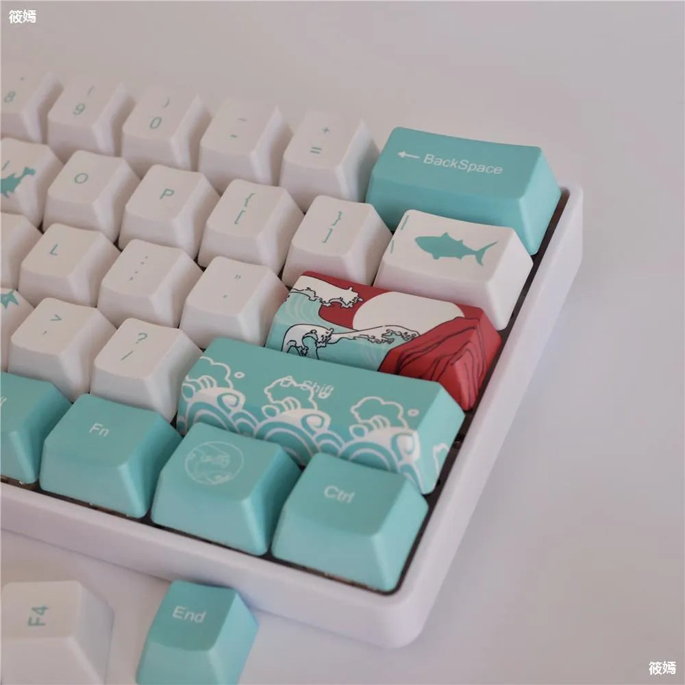 Coral Sea themed PBT keycap set for Xiaoyan mechanical keyboards with personalised large button.