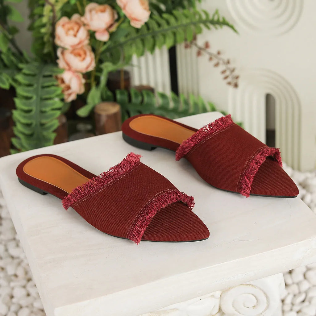 Women's denim slippers with tassel detail in multiple colour options