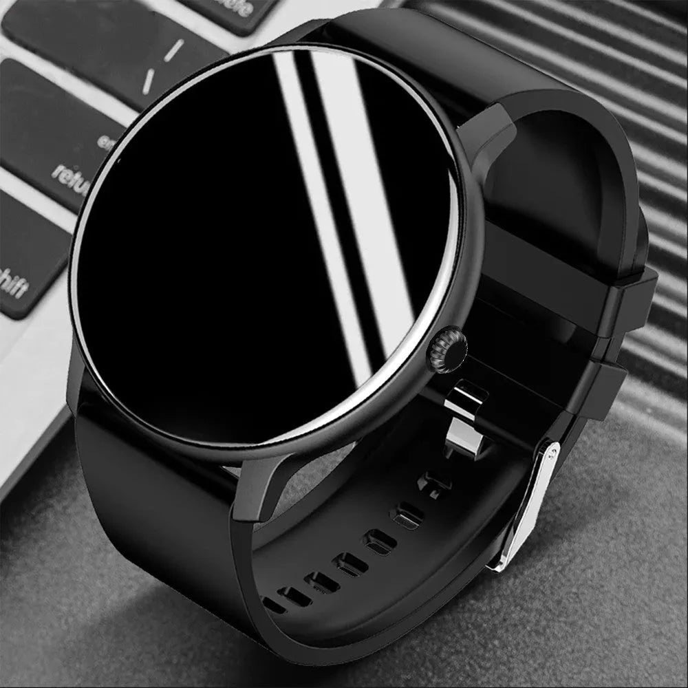 Black Bluetooth sports watch with blood pressure monitoring on a silicone strap, showing its 1.28-inch screen.