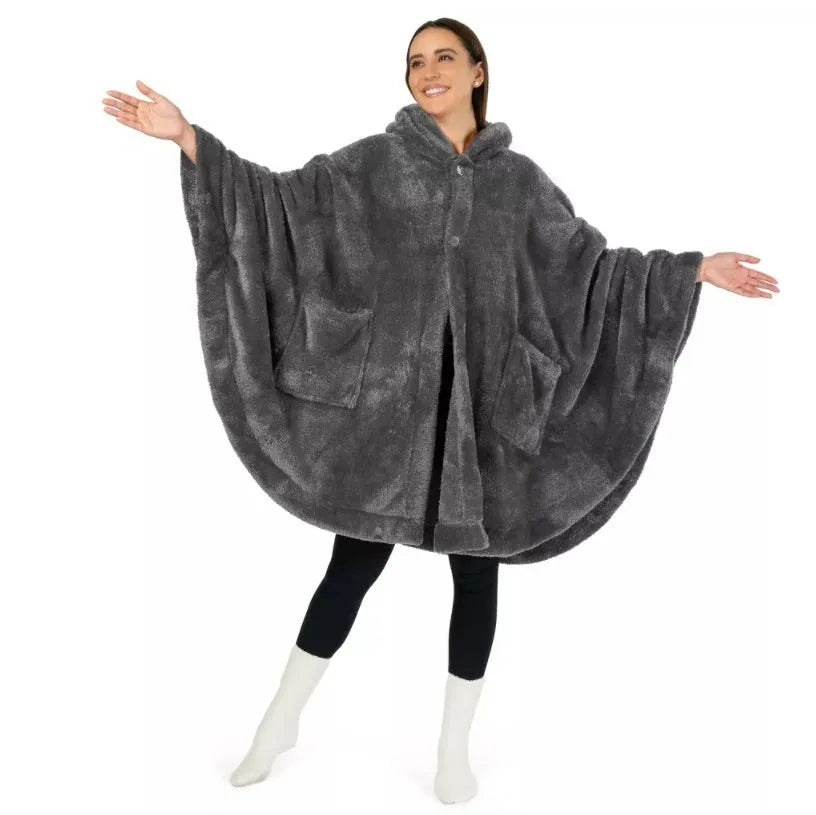 A hooded, long sleeve bathrobe in a cardigan style, shown in a solid colour.