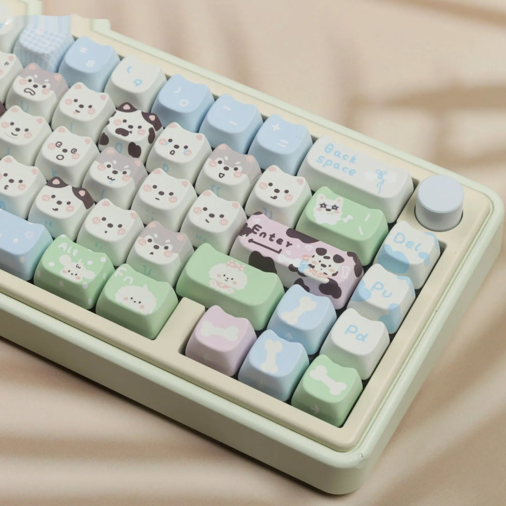 PBT sublimation keycap set with colourful puppy cat design for mechanical keyboard replacement
