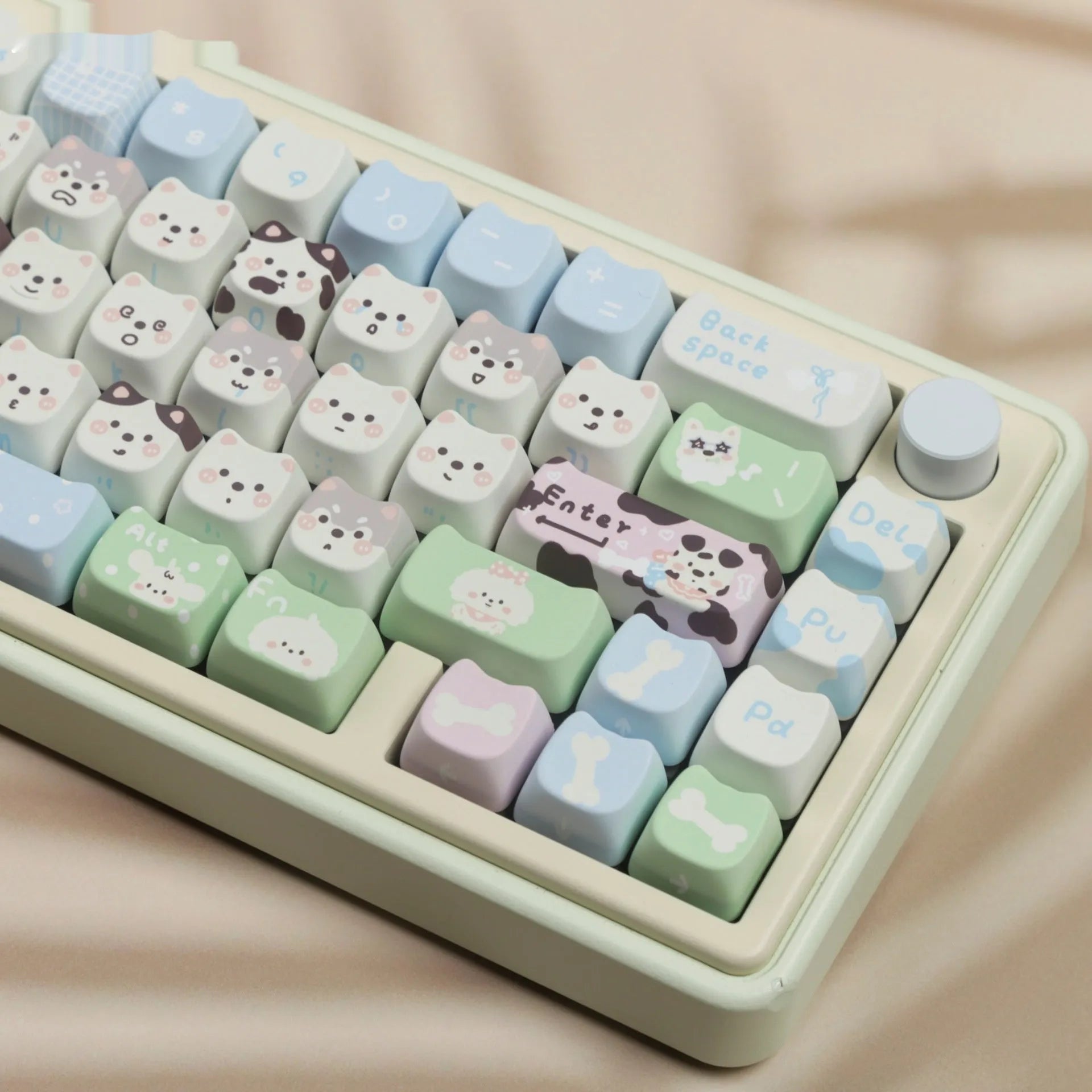 PBT sublimation keycap set with colourful puppy cat design for mechanical keyboard replacement