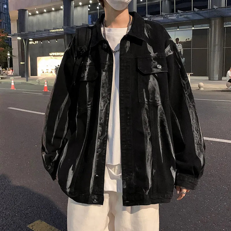 Men's Hong Kong style tie-dye denim coat in gray, loose fit with side seam pockets, autumn casual wear