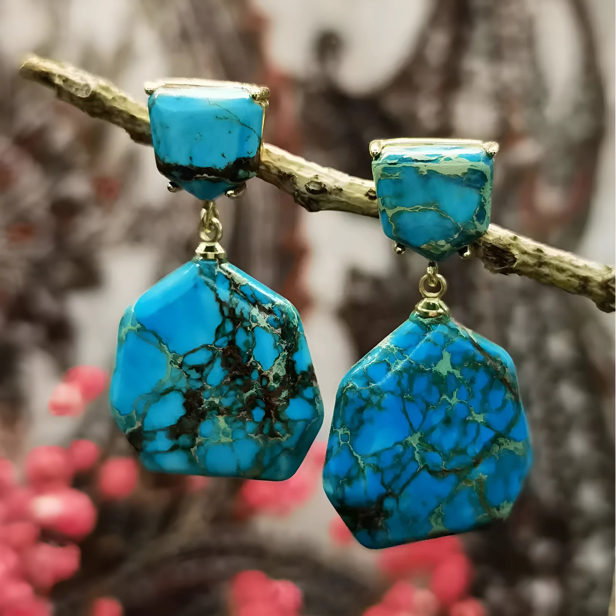 Emperor stone geometric retro ethnic style stud earrings for women, one pair, natural stone finish