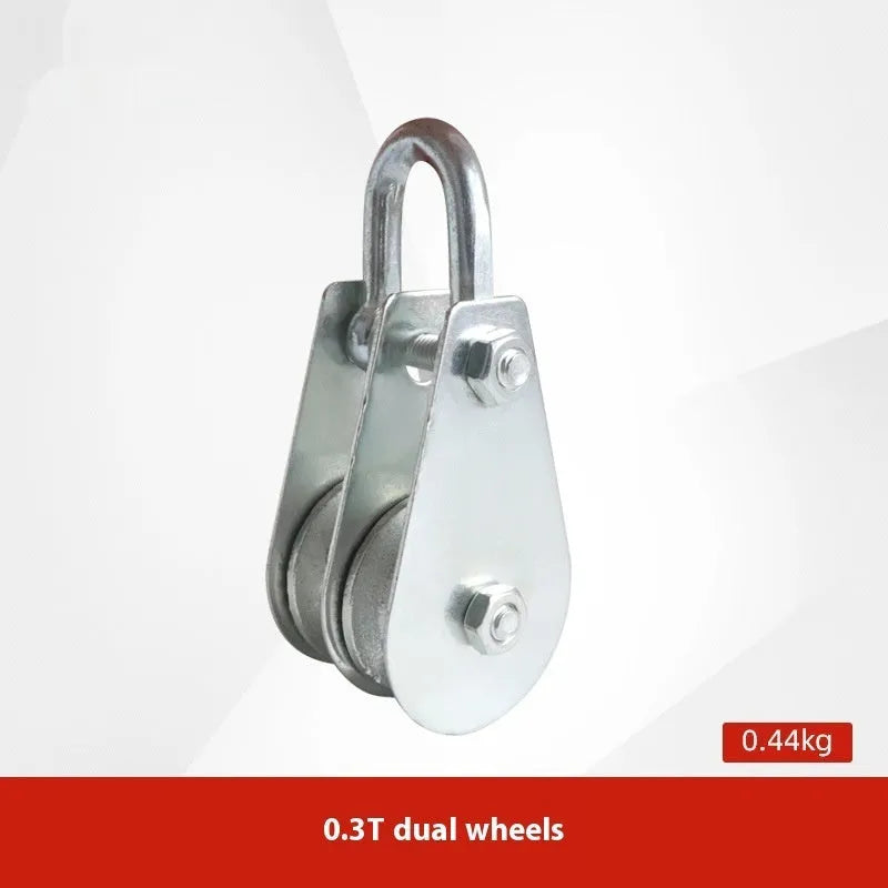 Red industrial lifting pulley with safety latch and forged steel construction