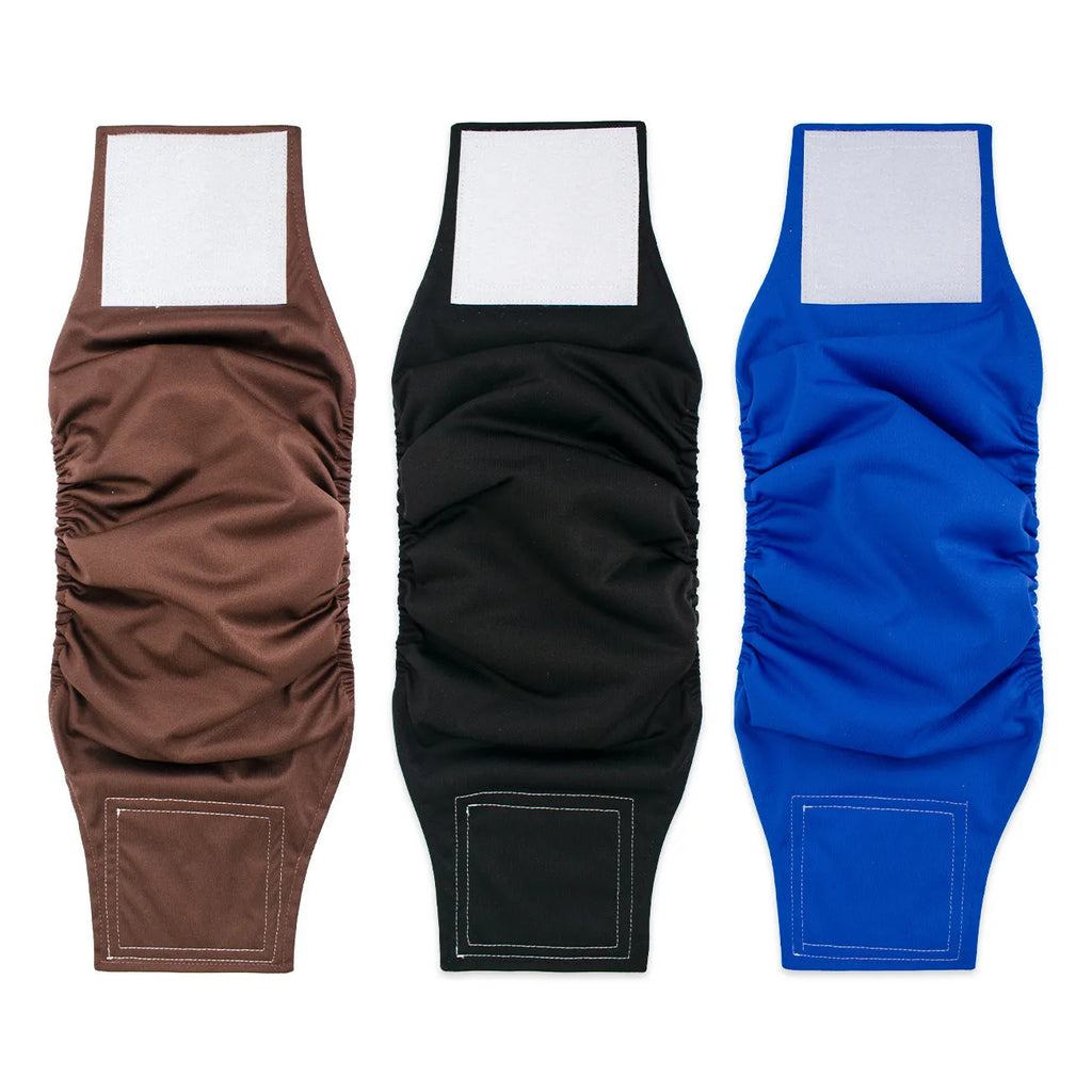 Male dog diaper in polyester British style, available in multiple colours and sizes S to XL, for sterilisation recovery and incontinence