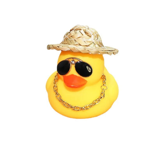 Yellow duck car dashboard ornament with straw hat and sunglasses necklace accessory