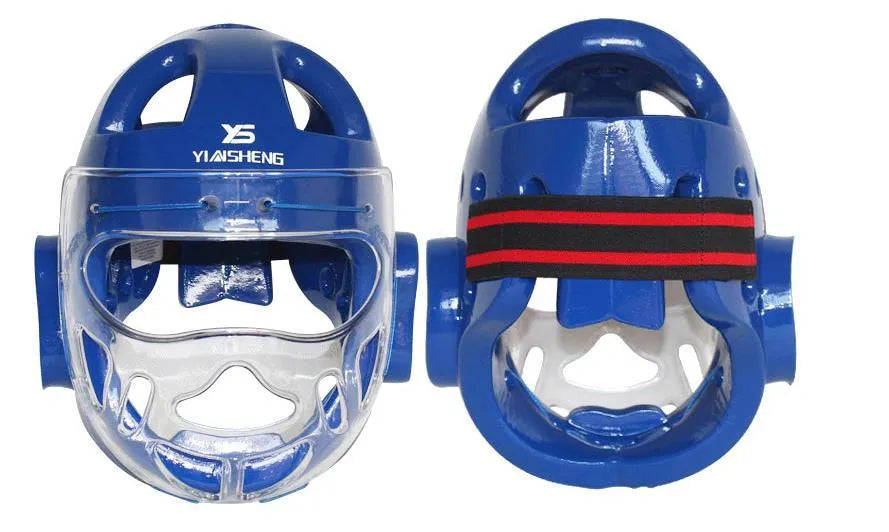 A karate helmet for boxing head protection, shown in white, blue, and red colour options.