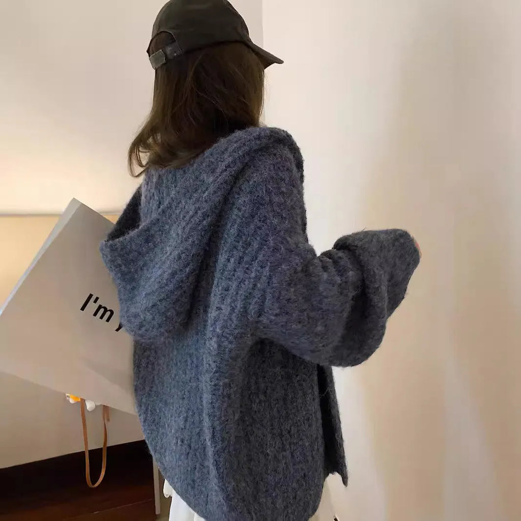 Women's brown retro-style hooded cardigan with a thick knit texture on a hanger.