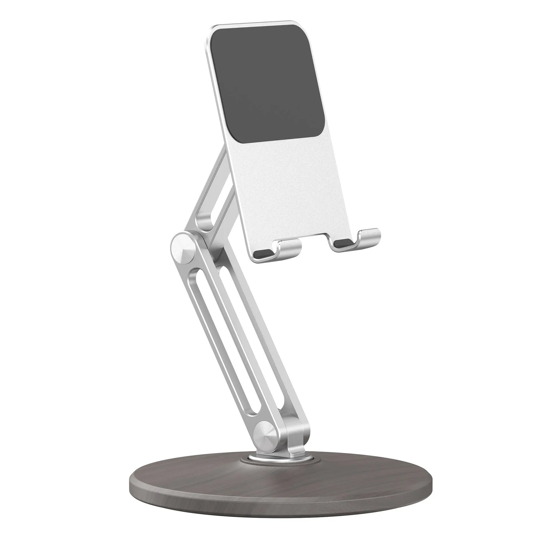 Silver aluminium desktop phone stand with wood grain base, folded and ready for use on a desk with a smartphone