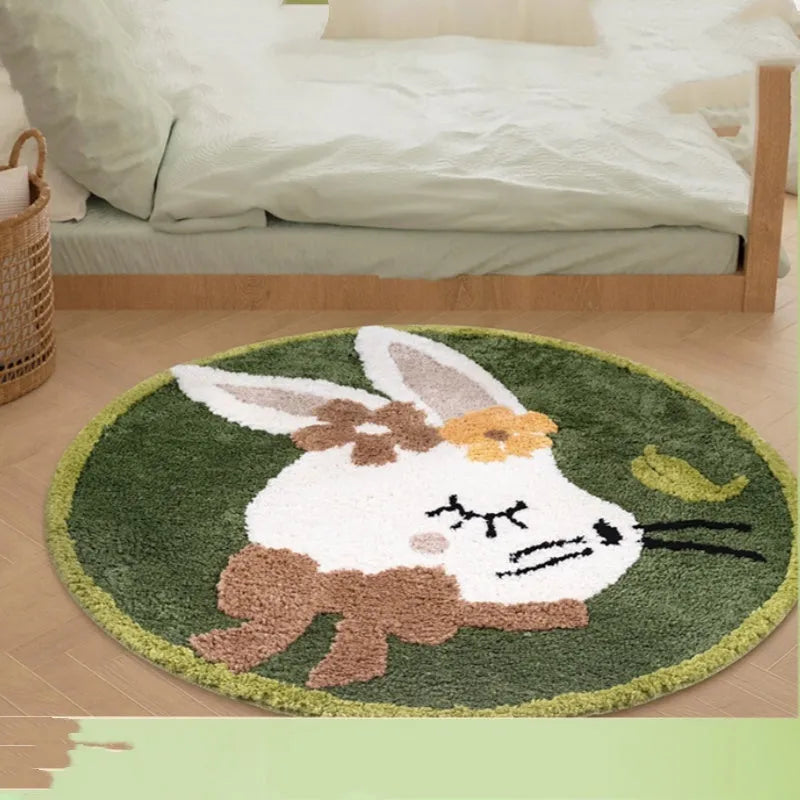 Round children's carpet with rabbit print, polyester, 80cm diameter, anti-slip, forest green