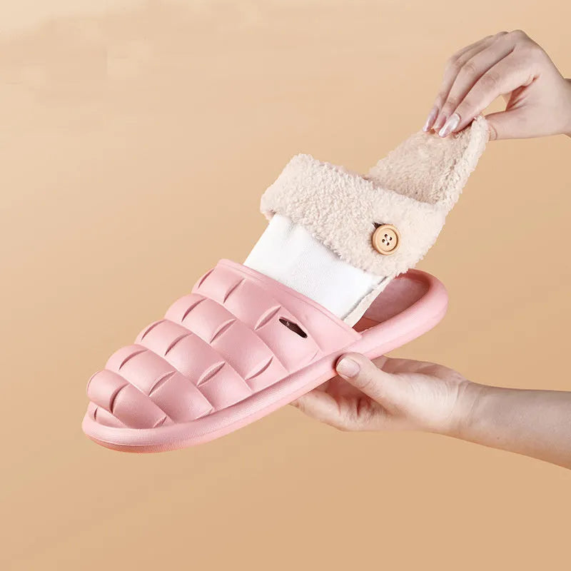 Pink and green detachable EVA slippers with plush lining and a textured sole.