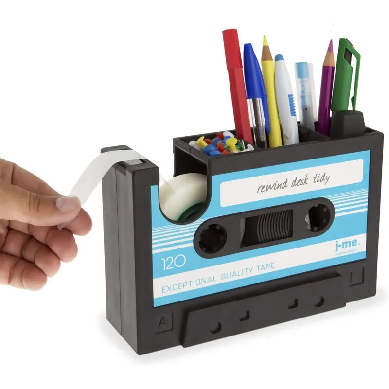 Plastic desk storage box pen holder in blue, 17x5x11.5cm, with stationery and phone inside