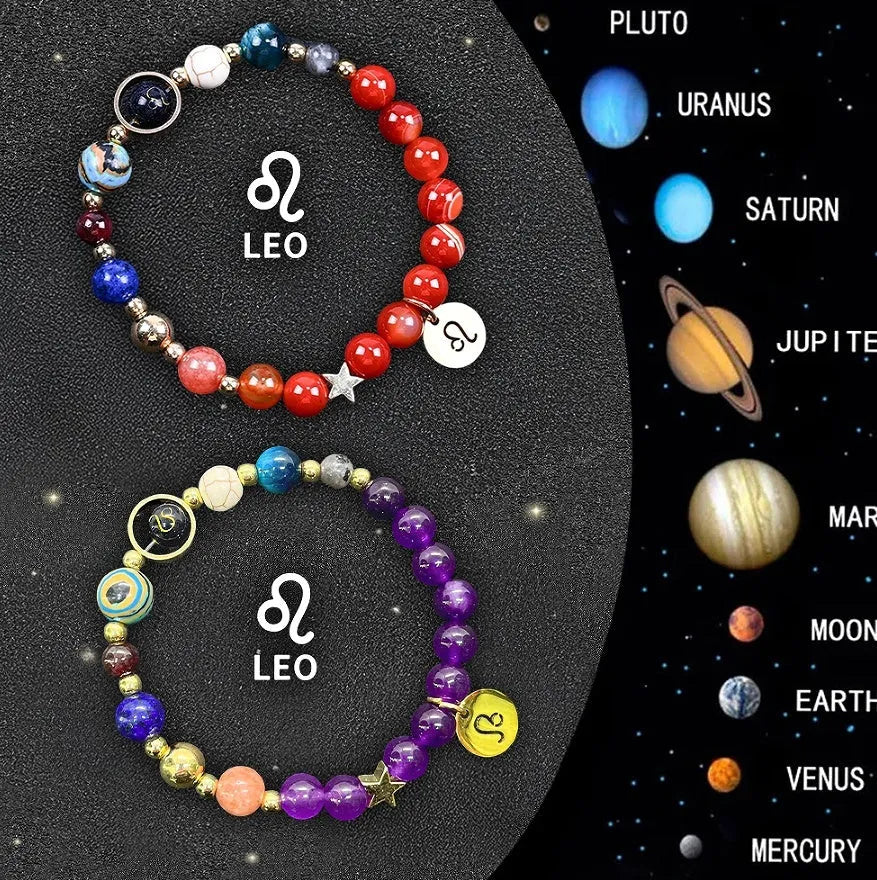Set of twelve natural stone beaded bracelets, each representing a different zodiac sign.