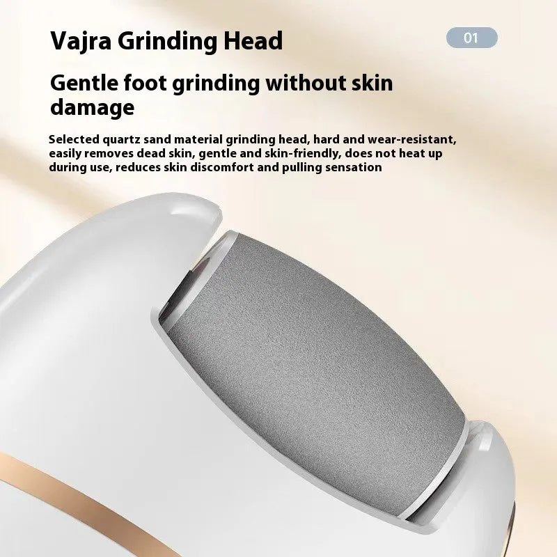 White electric foot grinder with ergonomic handle, debris suction port, and adjustable speed control on a table top