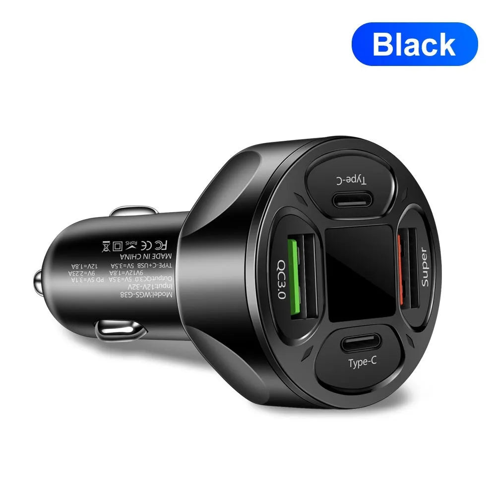 Black 66W digital display car charger with two USB ports and two Type-C ports