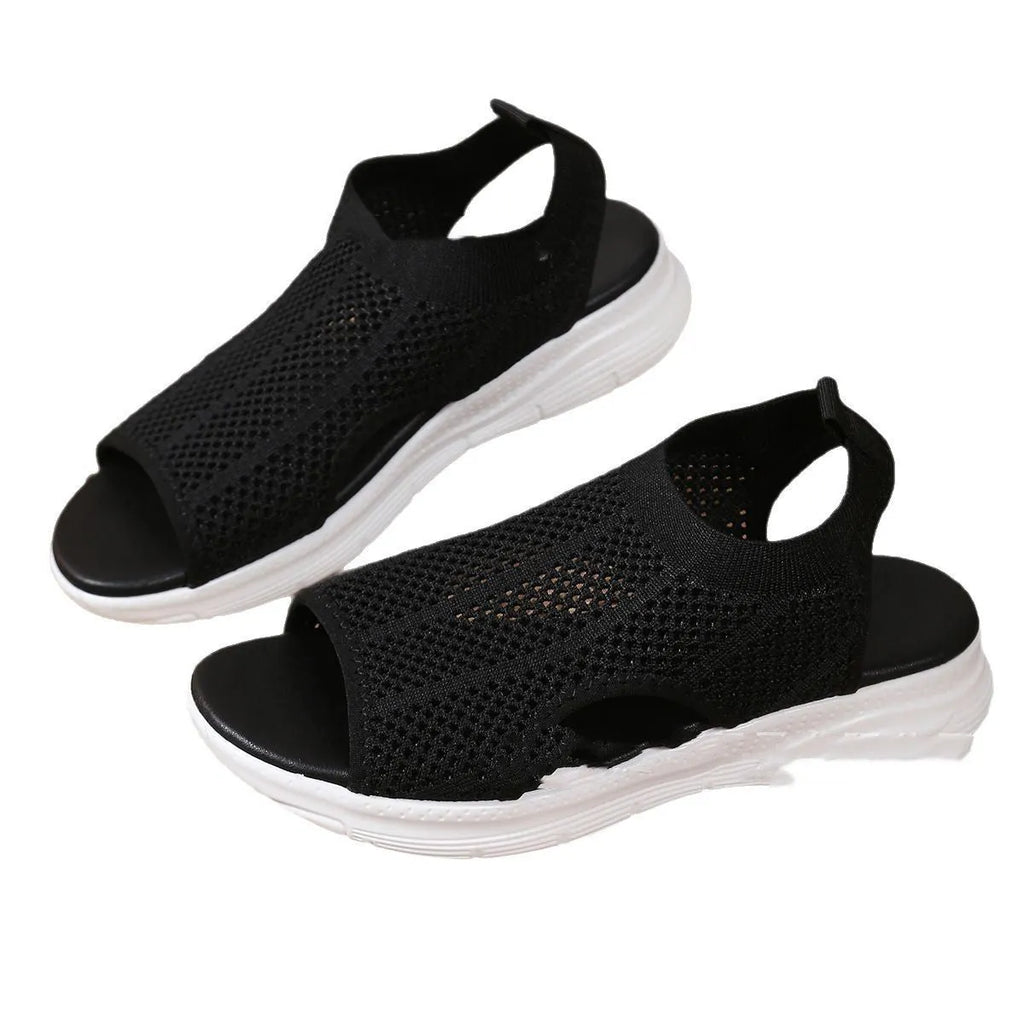 Women's black platform sports sandals with flat toe and rubber sole
