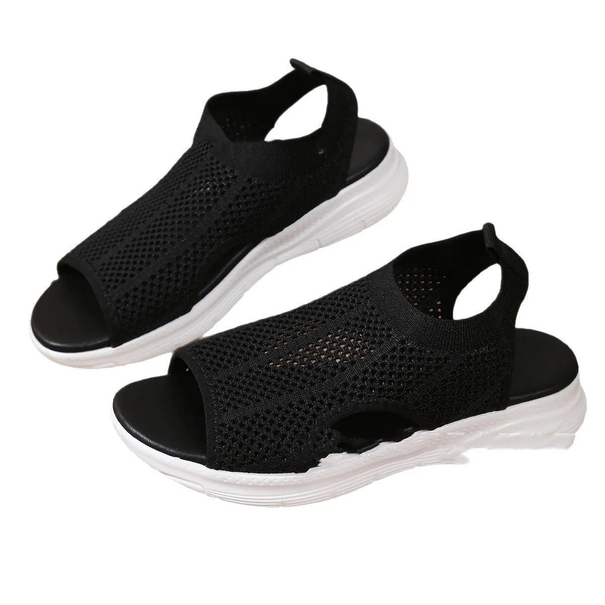 Women's black platform sports sandals with flat toe and rubber sole