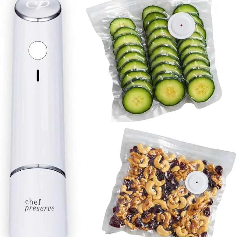 White USB electric vacuum sealer pump with five 26x28cm plastic food storage bags.