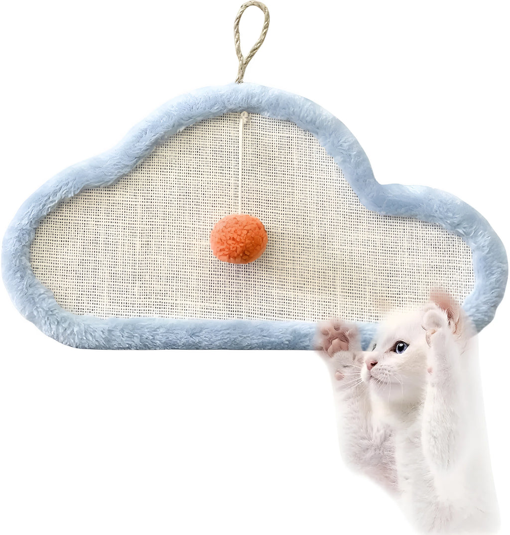 White cat scratching mat with cartoon sleeping cat design made from natural sisal fibre.