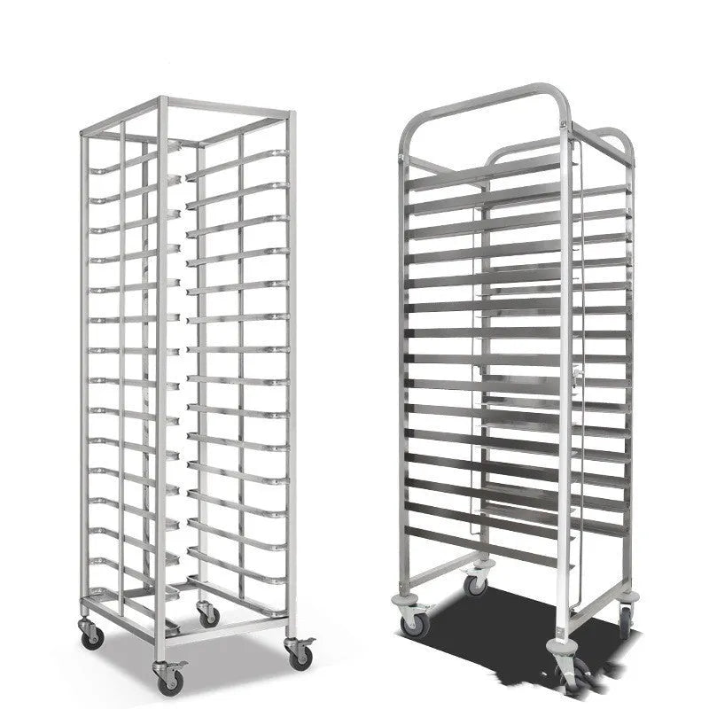 Stainless steel commercial tray rack with six levels for 40x60cm baking sheets, featuring a locking mechanism.