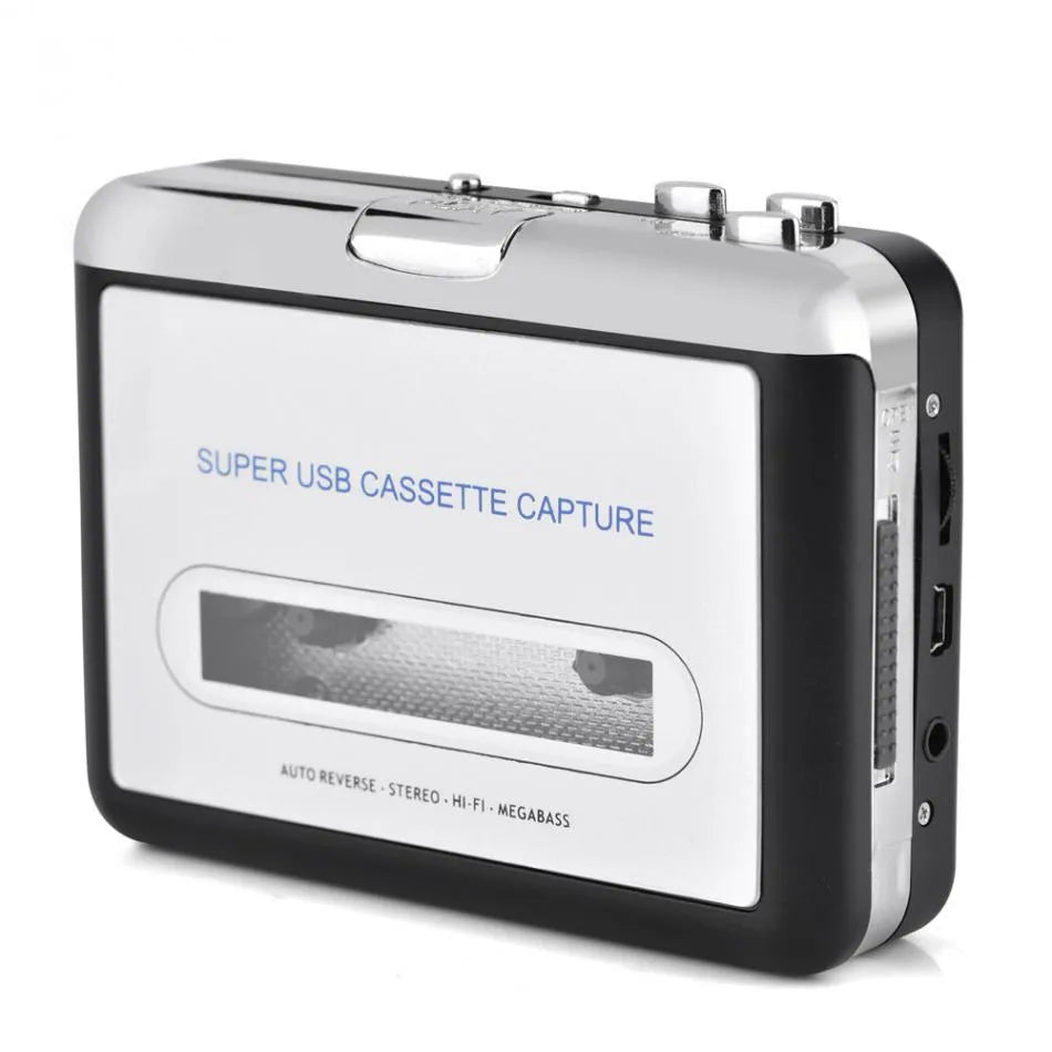 Silver USB cassette tape to MP3 digital converter unit with USB cable on a white background.