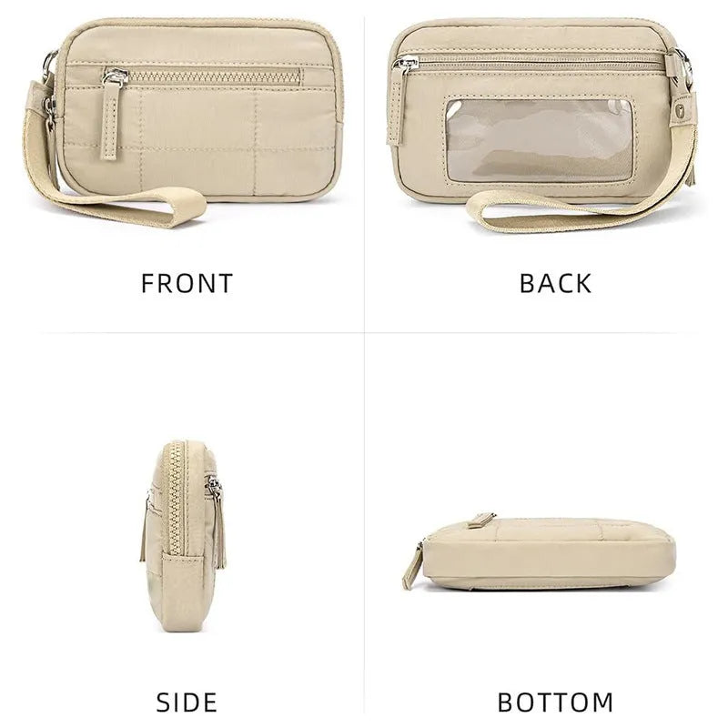 Waterproof quilted transparent deck handbag in nylon fabric with detachable shoulder strap