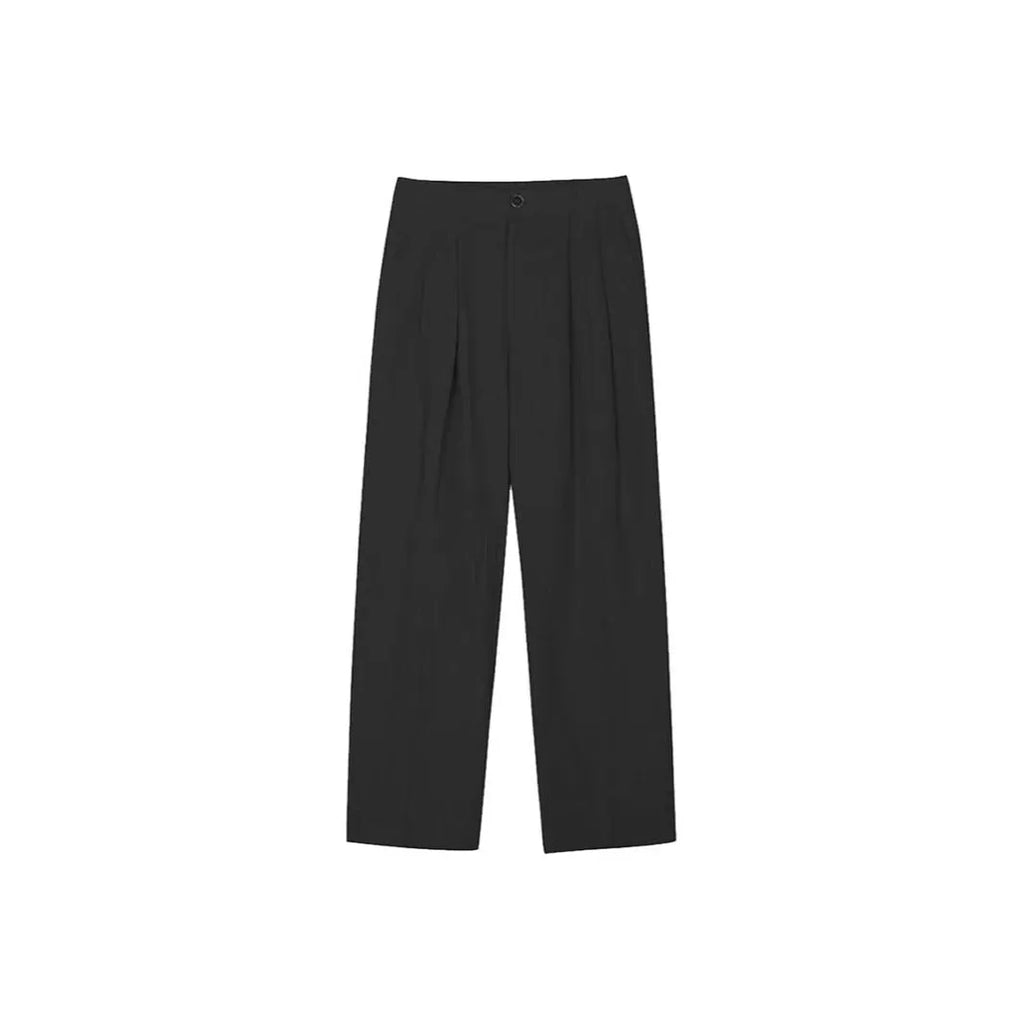 Men's apricot coloured wide-leg cotton linen trousers with a mid waist and zip fly on a neutral background.