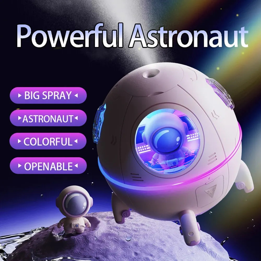 Purple astronaut-shaped USB desktop humidifier with colourful LED light on