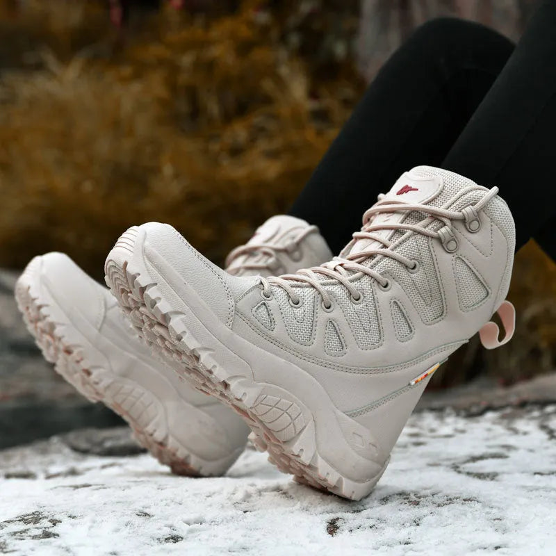 Men's cowhide hi-top hiking shoes in beige, a breathable platform sneaker for outdoor activities.
