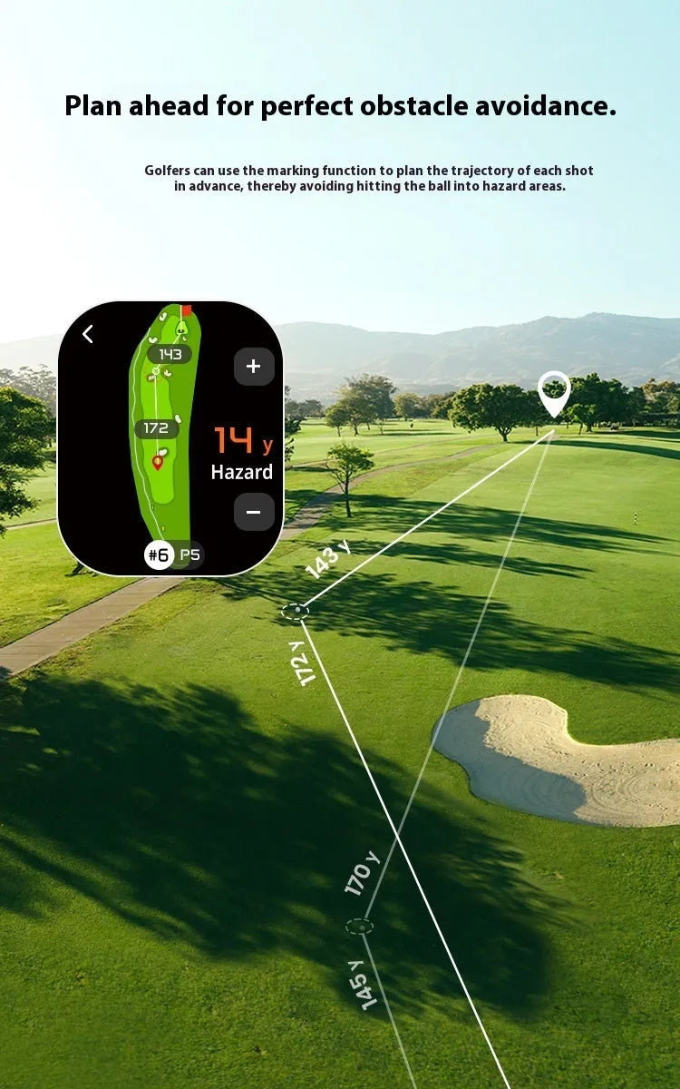 GenePro G1 black golf GPS rangefinder with AMOLED display showing distance measurement