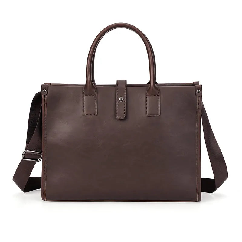 Brown men's messenger bag with soft PU surface and multiple compartments on a flat surface