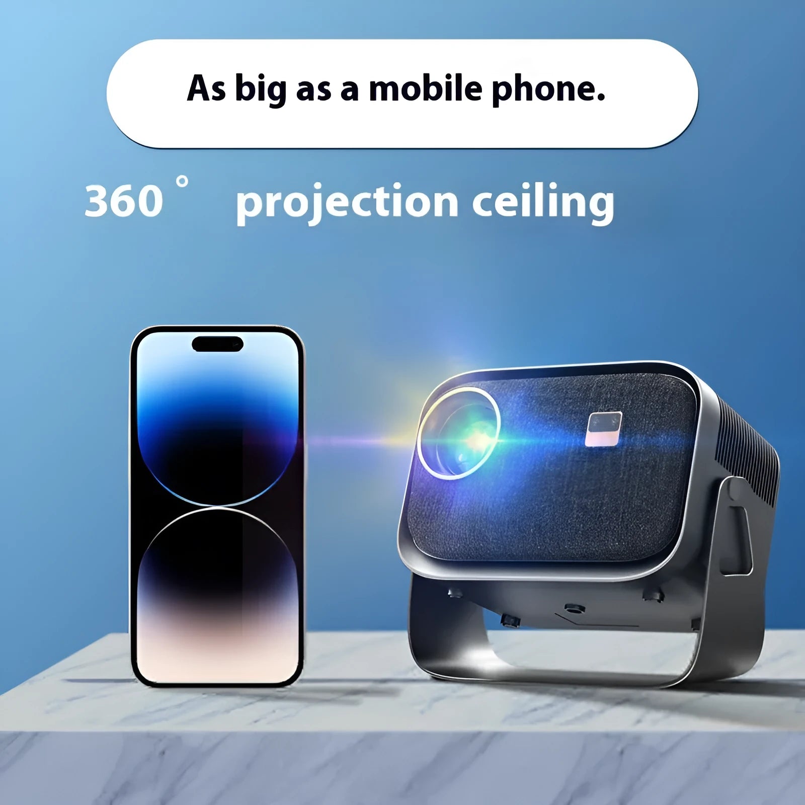 Portable 4K smart home theatre projector unit on a table, showing compact design and lens.