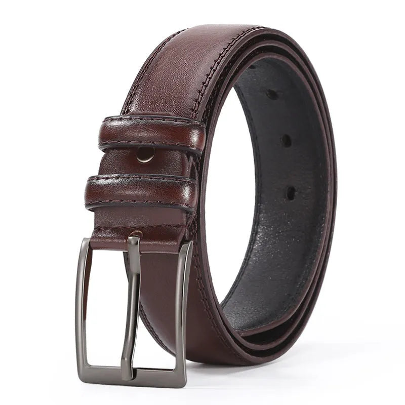 Men's business belt with laser logo detail, alloy pin buckle, and imitation leather strap showing pattern design options