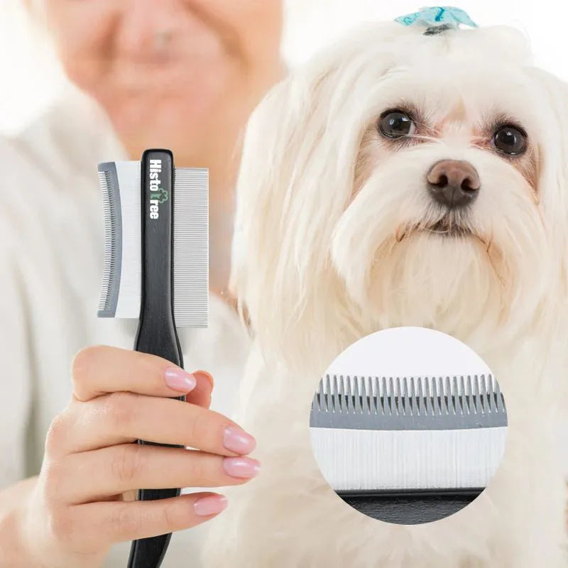 Black double-sided pet grooming comb with wood handle and stainless steel teeth