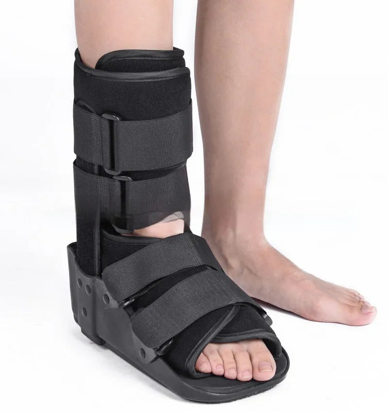 Black Achilles tendon rehabilitation walking aid shoes with adjustable ankle straps and aluminium footplate