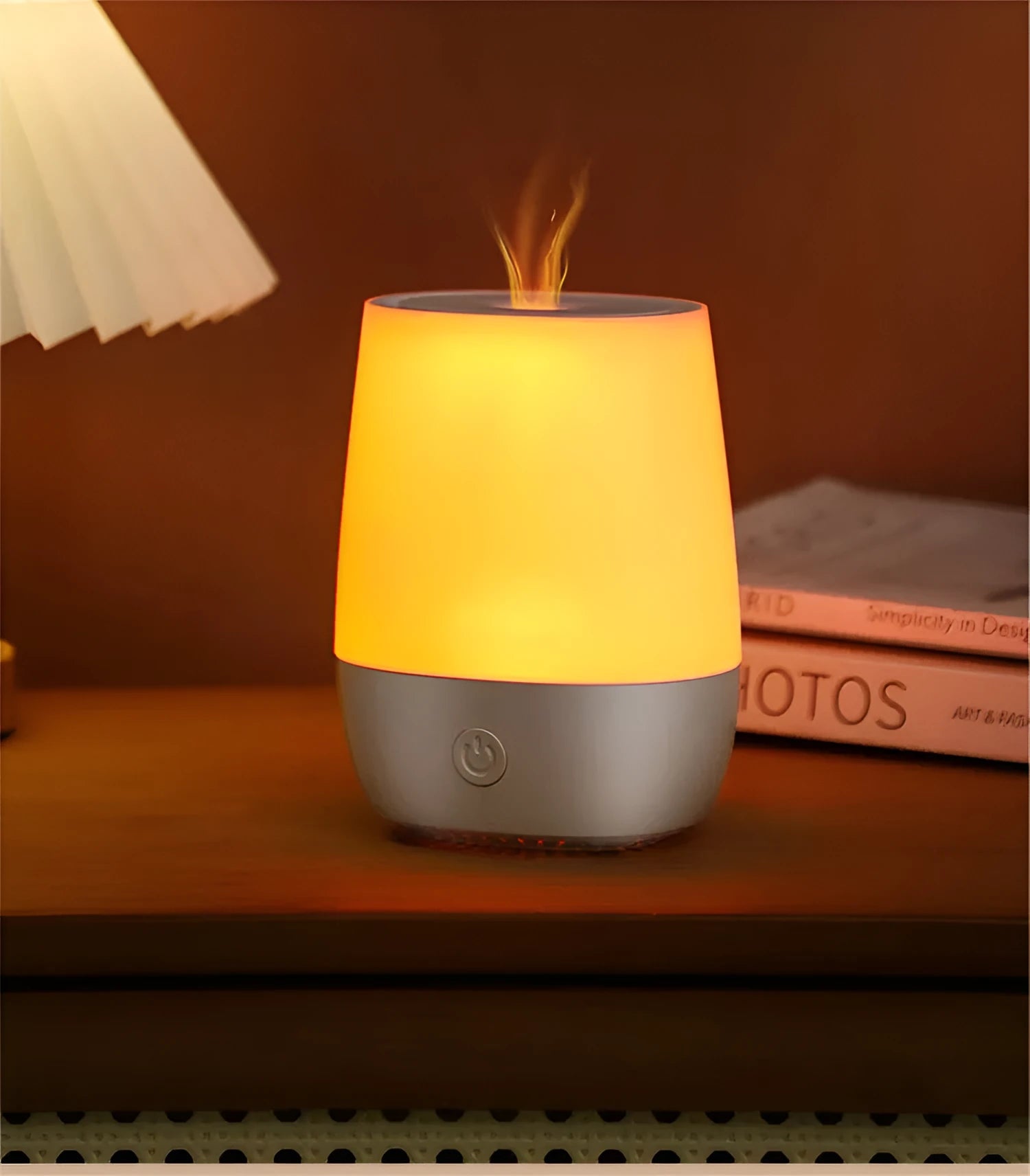 White USB aromatherapy diffuser with simulation flame effect showing water tank and Type-C port