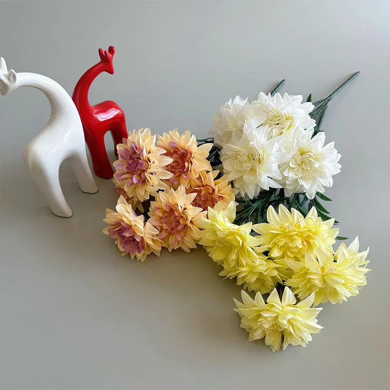 Dahlia desktop display fan holding fake flowers, silk flower bunch in multiple colours for home or office decoration